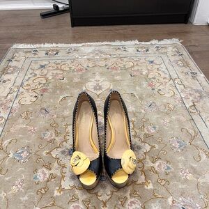 Charles Jourdan Yellow and Black Peep-Toe Heels